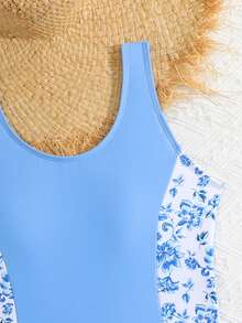 SHEIN Tween Girls One-Piece Swimsuit, 2 Pieces Set, Blue Floral & Botanical Print, Fashionable Casual Elegant Refined Sporty Lively Cute Active Water-Friendly, Suitable For Swimming, Vacation, Beach, Pool, Photo Shoot, Water Park, Spa - Blue - View 3