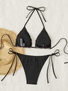 Sweetra Springbreak 2025 Damen Leopardenmuster Sexy Neckholder Bikini Badeanzug Set, zufälliges Muster Urlaub Strand - Verschiedenfarbig - Übersicht 2