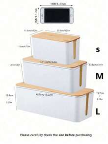 SHEIN 1pc Bamboo And Wood Wire Storage Box, Data Cable Storage Box, Power Cable Management Box, Sorting Box, Socket Computer Cable Rack, And Plug Box - White - View 6