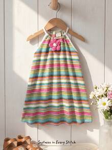 Cozy Pixies Young Girl Cute Rainbow Striped 3D Floral Decor Spaghetti Strap Ruffle Hem Casual Dress, Suitable For Daily Outing And Holiday - Multicolor - View 3