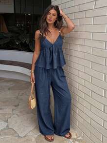 Siren Gaze Women's Solid Color Beaded Decor Camisole & Casual Pants 2 Pieces Set - Navy Blue - View 7