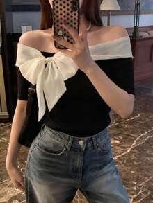 DAZY Women's Off Shoulder Contrast Color Bow Decor Fitted Short Sleeve T-Shirt Cute Tops,Crop Tops Women Going Out Tops - Black and White - View 8
