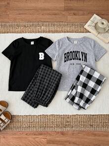 SHEIN 2pcs/Set Young Boy Soft Casual Outfit,Letter Print Round Neck Short Sleeve T-Shirt & Plaid Loose Pants,Back-To-School Summer Career Day Loungewear - Multicolor - View 9
