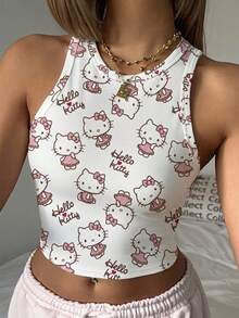 CovetEZ HELLO KITTY AND FRIENDS | SHEIN 休闲简约日常百搭可爱猫咪印花图案，适合海滩、度假，女士夏季圆领紧身吊带背心 - 彩色 - 查看 5