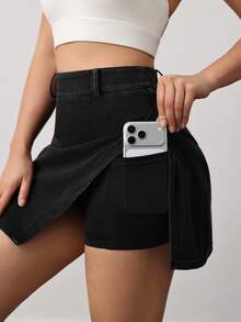 VARSIVA Falda pantalón de mezclilla con cintura alta y abertura lateral con bolsillos para teléfono VARSITIE, falda pantalón casual y deportiva para uso diario para mujeres - Negro - Ver 8
