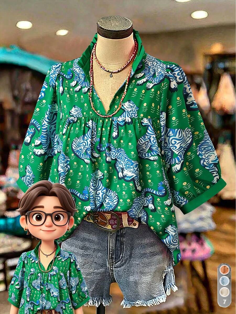 Linhara Plus Size Loose Vintage Boho Casual Vacation Style Emerald Green Blue Striped Tiger Print Blouse, Plus Size Formal Summer - Multicolor - View 1