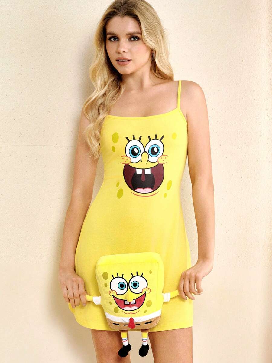 SpongeBob SquarePants | SHEIN 女士卡通印花休闲日常无袖睡裙 - 黃色 - 查看 1