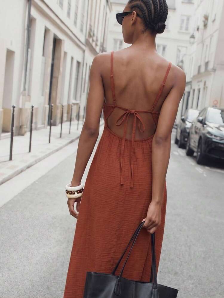 SHEIN Maija Dress, Summer Oversized Minimalist Chic Modest Skirt, Backless Tie-Up Detail Spaghetti Strap, Casual Elegant Vacation Rust Orange Vacation,Dresses For Women Summer