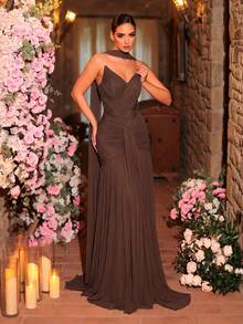 Glamrae Elegant, , Fashionable Elastic Mesh Handmade Ruched A-Line Dress, Suitable For Party, Wedding Guest, Pink Formal Evening Gown - Coffee Brown - View 6
