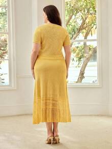 MOTF PREMIUM PLUS SIZE WOMEN CASUAL VACATION SIMPLE SOLID COLOR SHORT SLEEVE SWEATER TOP AND SKIRT SET FALL - Yellow - View 3