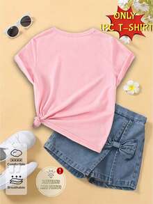 Girls' Casual Butterfly Print Basic Tee, Comfortable Daily Wear, Suitable For Spring, Summer And Autumn - Pink - View 2