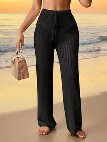 Swim Vcay Women's Solid Color Drawstring Tie Design Cover-Up & Pants Set - Black - View 5