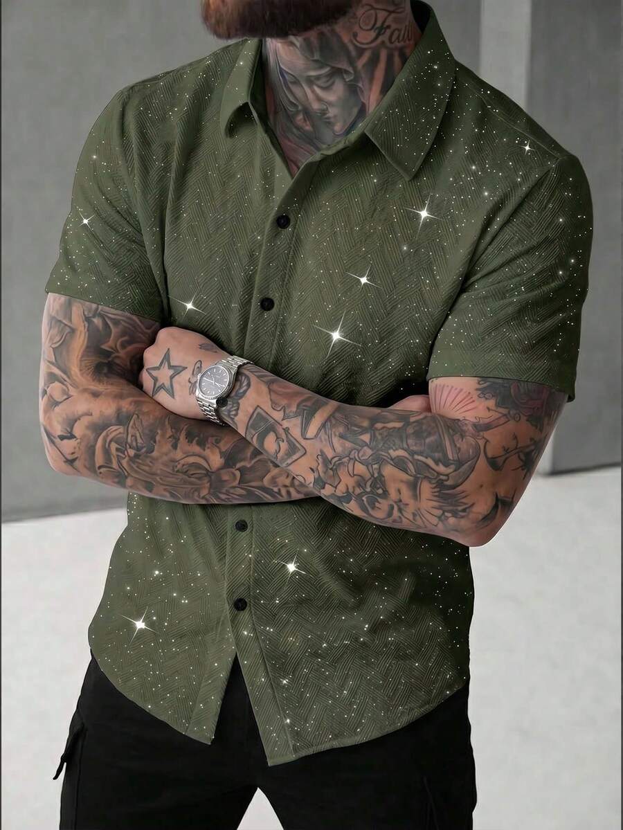 SLATEMANN Men's Summer Casual Fashionable Street Wear Textured Fabric Sequin Short Sleeve Shirt, Suitable For Daily Commute - Army Green - View 1