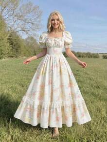 Skyraze Ivory Pastel Floral Puff‑Sleeve Corset Maxi Dress With Lace Trim - Square/Sweetheart Neck Bodice, Boned Waist & Full Gathered Skirt, Romantic Vintage‑Inspired Wedding Guest & Garden Party Gown - Multicolor - View 7
