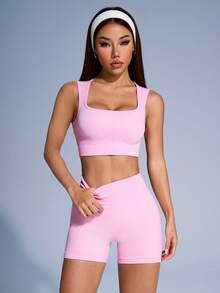 Sirith Women Solid Color Ribbed Yoga Tank Top And Shorts Set Workout Women Sets Sports - Pink - View 6