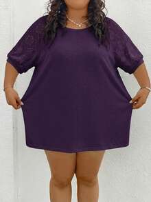 SHEIN CURVE+ 大码女式拼接不同材质上衣，白色T恤 - 紫色 - 查看 5