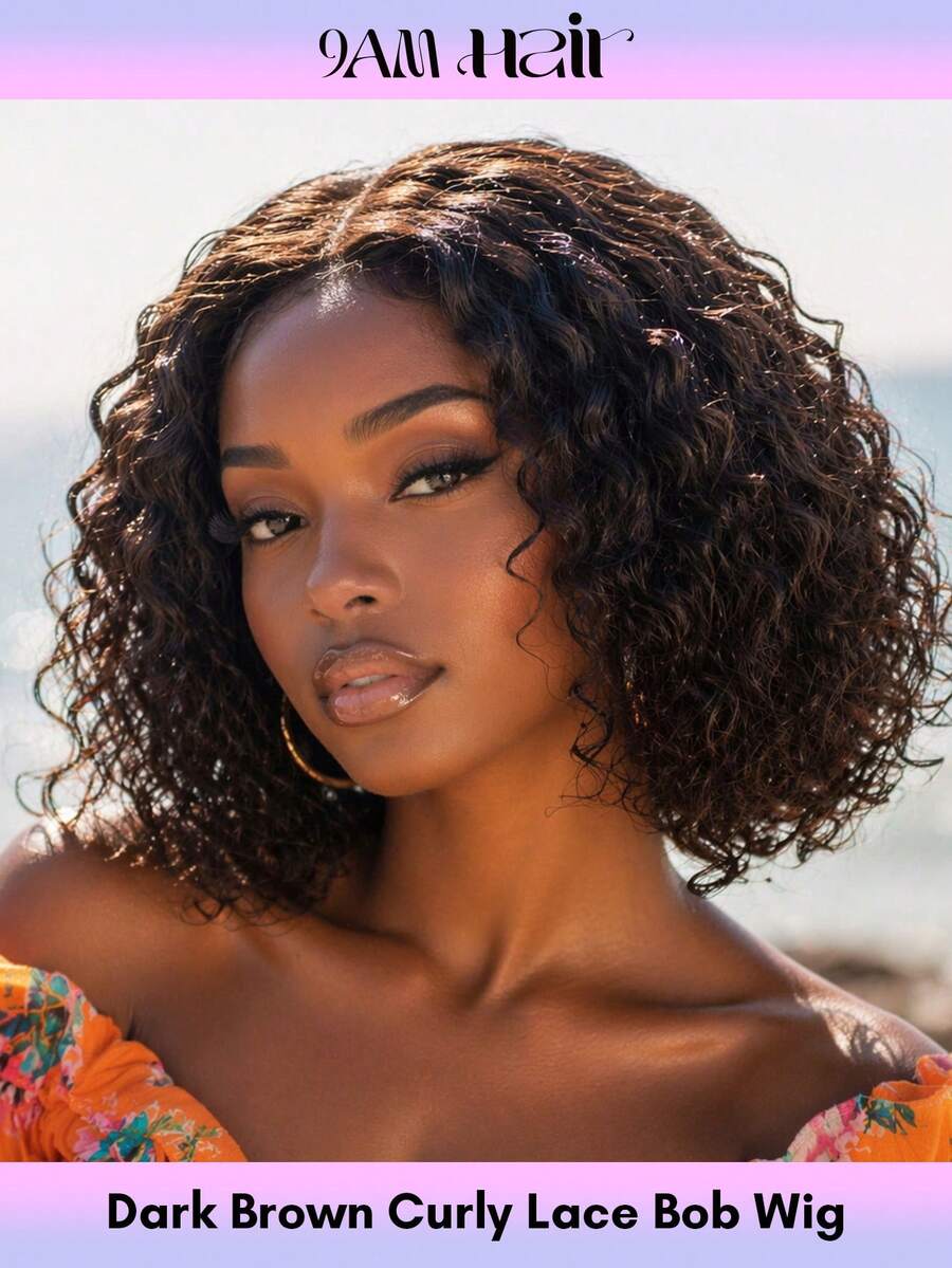 BreezeEase Water Wave Bob Wig Human Hair Glueless Lace Front Wigs For Women Mixed Brown Color Human Hair Wig Wear & Go Hair Wigs Curly Wig Side Part 10" Summer Elegant Casual Chic Y2K Party Wedding Graduation Prom Festival Formal Streetwear Boho Spring - S4 - View 1