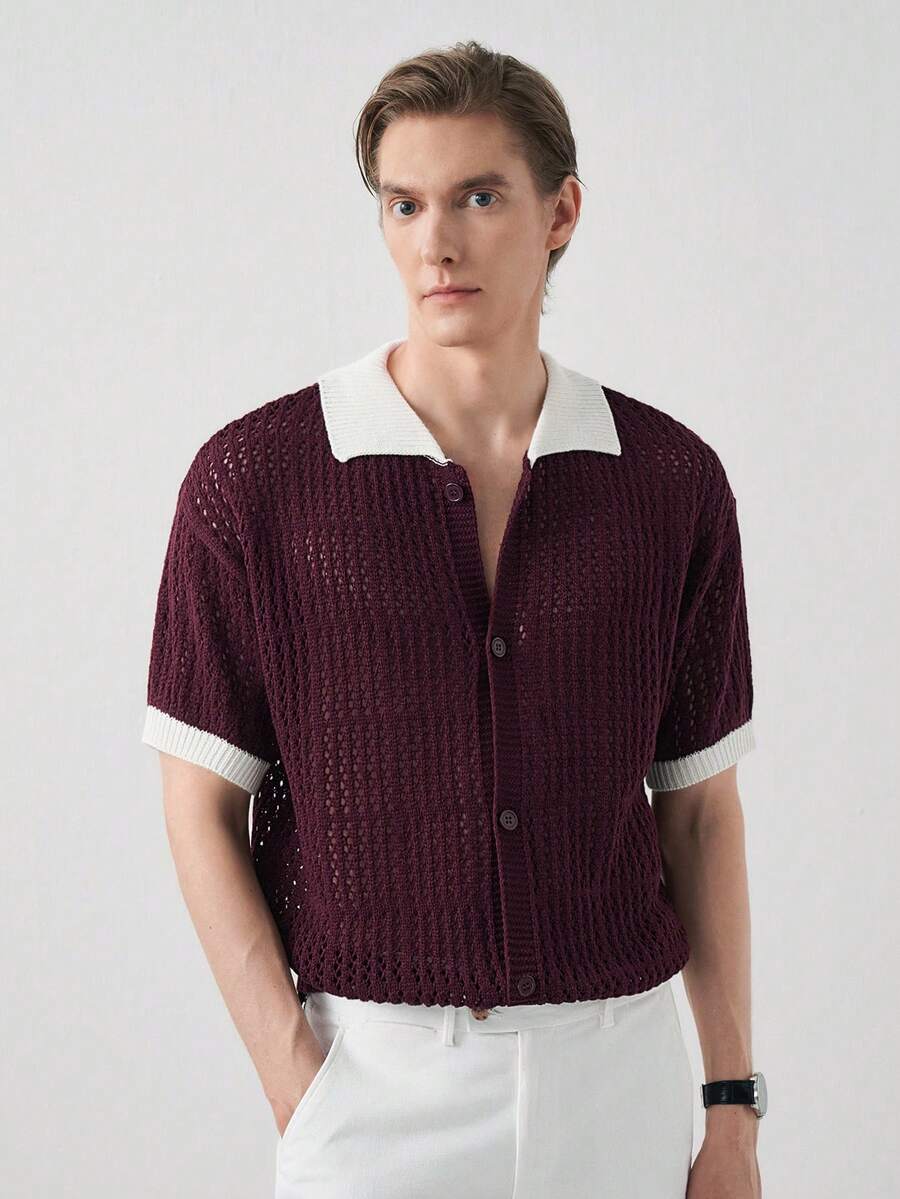 Manfinity CityGents 男士夏季度假撞色 Polo 领镂空针织上衣 - 酒紅色 - 查看 1