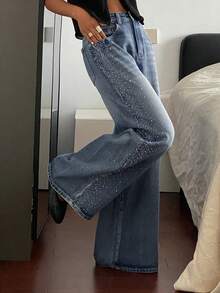DAZY Distressed Washed Rhinestone Decor Casual Vacation Wide Leg Jeans For Women - Blue - View 5