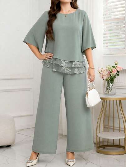 Reflora Plus Size Women's Round Neck Contrast Lace Hem Blouse And Wide Leg Pants Elegant 2-Piece Set,
Summer Dresses For Women,Spring Dresses,Winter Dress, Festival Outfits For Women,Easter Dress Women,Elegant Dresses For Party,Elegant Long Party Dress,Beach Outfits For Women,Wedding Guest Dress For Women,Wedding Party Dress,Dress For Wedding Guest,Bridesmaid Dress,Graduation Dress For Women,Graduation Outfit For Mother,Elegant Dresses For Party,Elegant Dresses For Ladies,Elegant Women's Set,Casual Dresses For Women, Vacation Outfits Women,Holiday Outfits For Women,Summer Holiday Outfits,Holiday Dresses,Formal Dresses For Women,Formal Attire For Women,Luxury Evening Dresses For Women,Luxury Evening And Occasion Dresses,Luxury Evening Dresses For Weddings,Work Outfits For Women,Office Outfits For Women,Office Wear For Women,Country Concert Outfit,Mother Of Groom Dress,Teal Dress Plus Siz