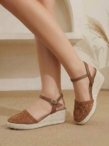 Styleloop Giày nữ, màu nâu, giày rơm đan bằng dây gai dầu, sandal đế xuồng, giày giúp tăng chiều cao, phong cách bohemian cho kỳ nghỉ. - màu nâu - Xem 2