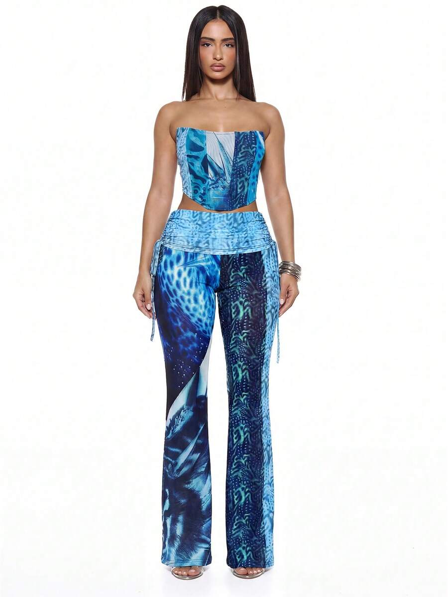 MUSERA Mixed Print Folded Waistband Flared Trousers Only Sexy Girlisim Summer Spring Rave Festival Holiday Vacation Party Golf Going Out Tripp Pastal - Blue - View 1