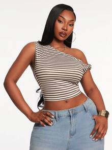 Radiana Camiseta Cropped Ajustada com Gola Assimétrica Elegante e Versátil, Listrada em Marrom Abricó, Plus Size, Adequada para Lazer, Uso Diário, Versátil, Estilo de Rua, Coachella, Vestuário Ocidental, Festival de Música, Vintage, Minimalismo, Concerto, Festa de Carnaval, Resort, Passeio, Férias, Encontro à Noite, Reunião, Aniversário, Festa de Despedida de Solteira, Gyaru, Intervalo, Rave, Modesta, Chique, Clube, Fofa, Casual, Compras, Streetwear, Saída, Y2K, Y3K, Coquete, Valoriza a Silhueta - Multicolorido - Visão 4
