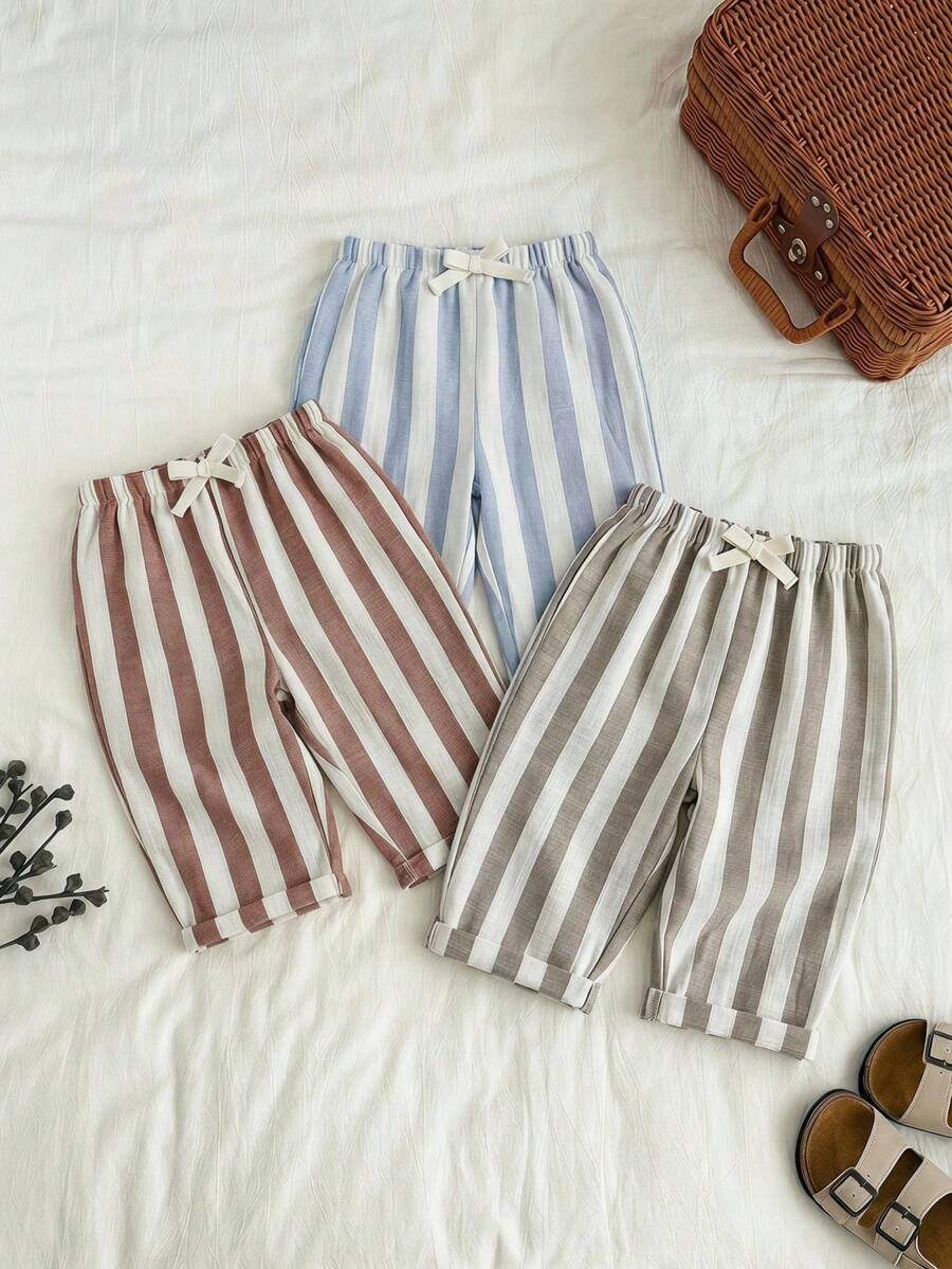 SHEIN 3pcs/Set Unisex Baby Clothes, Baby Boy Casual Cute Versatile Striped Ribbon Decor Elastic Waist Pants Set - Multicolor - View 1