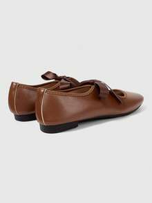 ROMWE Kawaii Bailarinas Mary Jane marrones, punta redonda cerrada, zapatos de ballet Lolita con lazo, para mujer - Marrón + correa - Ver 3