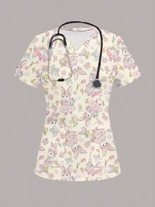 PopScrub Áo đồng phục y tá nữ dễ thương và tươi tắn in hình thỏ, hoa và nơ, phù hợp cho thú cưng và bệnh viện nhi. - Nhiều màu - Xem 1