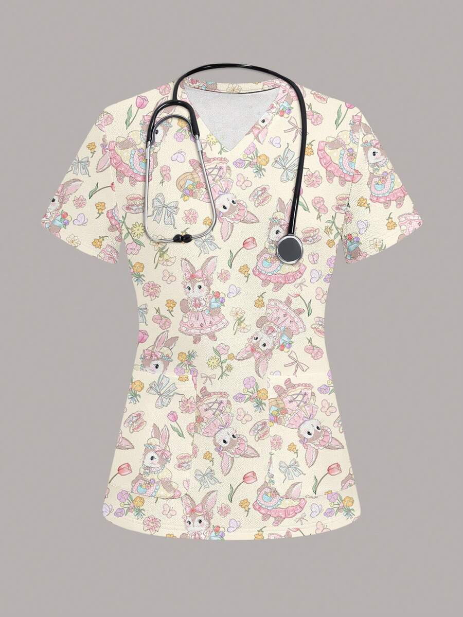 PopScrub Áo đồng phục y tá nữ dễ thương và tươi tắn in hình thỏ, hoa và nơ, phù hợp cho thú cưng và bệnh viện nhi. - Nhiều màu - Xem 1