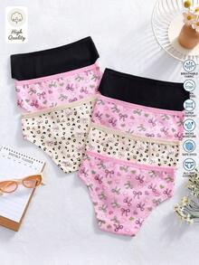 SHEIN Bộ 7 món quần lót cotton mềm mại và thoải mái họa tiết nơ, trái tim, chữ cái thời trang tối giản cho bé gái tuổi teen - Nhiều màu - Xem 2