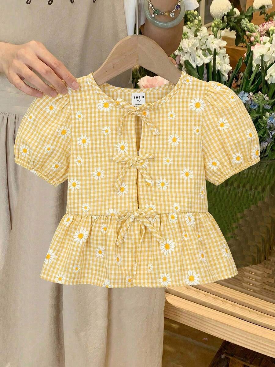 SHEIN LMoss Kids Young Girl Casual Solid Color Crew Neck Short Sleeve Pullover Top - Yellow - View 1