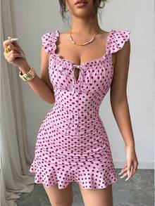 BamGleam Women's Polka Dot Print Tie Front Ruffle Hem Dress - Pink - View 5