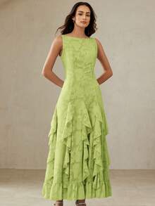 BELROSIE French Luxury Elegant Women's Green Summer Wedding Guest Dress,Laser Cut Fabric One-Shoulder Cinched Waist Vertical Splice Ruffle Hem Fitted Dress - Green - View 3