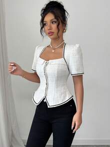 Elenzga Women Elegant Fitted Color Block Wave Patterned Short Sleeve Blouse - White - View 4