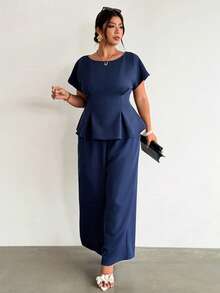 Firerie Summer Women's Elegant Navy Blue 2-Piece Set,Formal Work Commute Bamboo Texture Round Neck Short Sleeve Waist Pleated Top&Loose Wide Leg Pants Outfit - Navy Blue - View 4