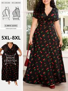 SHEIN CURVE+ Đầm nữ cỡ lớn in họa tiết quả anh đào cổ chữ V, kiểu dáng thường ngày, thích hợp mặc mùa hè, mùa xuân, mặc ngoài trời, đi biển, thanh lịch, đầm hè. - Nhiều màu - Xem 1