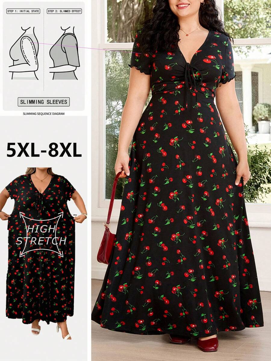 SHEIN CURVE+ Đầm nữ cỡ lớn in họa tiết quả anh đào cổ chữ V, kiểu dáng thường ngày, thích hợp mặc mùa hè, mùa xuân, mặc ngoài trời, đi biển, thanh lịch, đầm hè. - Nhiều màu - Xem 1
