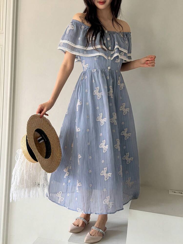 Women's Long Dress With Bow Embroidery And Ruffle Hem Design