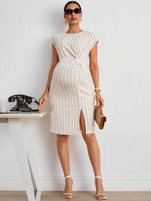 MaterniWear Striped Round Neck Short-Sleeved Maternity Dress With Side Slits And Apricot Hem; Suitable For Summer Casual Commuting.  Formal Dress   Formal - Apricot - View 5