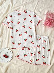 女童常规款短袖短裤套装，可爱甜美的樱花印花，舒适面料，包边设计，优雅女孩日常穿着、睡衣和家居服的理想之选。 - 紅白色 - 查看 4