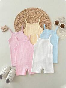 5pcs Baby Girl Hollow Out Minimalist Casual Romper, Suitable For Daily Wear & Outdoor, Summer - Baby Pink - View 1