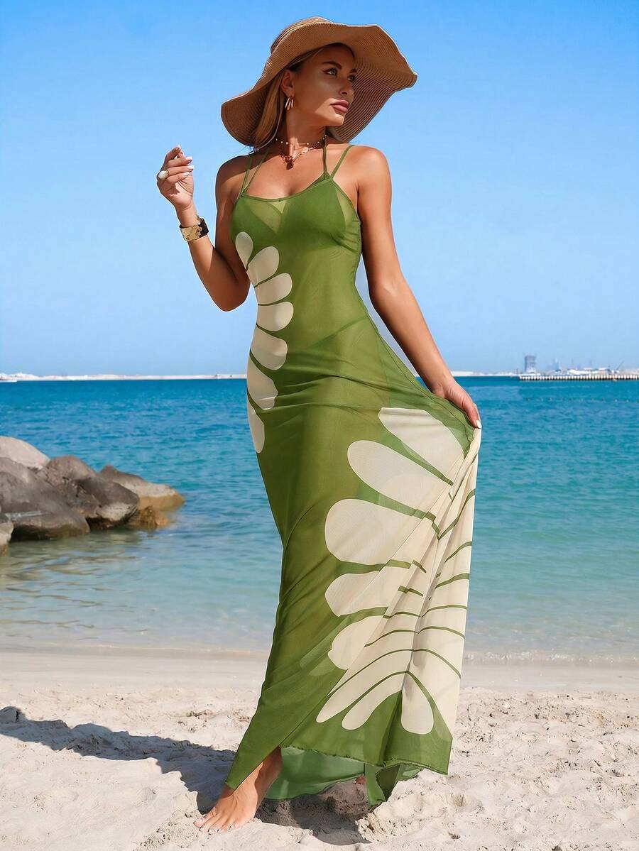 Swim Lushoire Women's Sleeveless Floral Print Sheer Long Cover Up, Fashionable Summer Cover-Up - Green - View 1