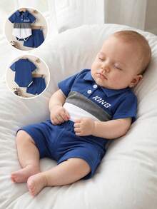 SHEIN Baby Contrast Color Patchwork Polo Collar Short Sleeve Outfit - Navy Blue - View 6