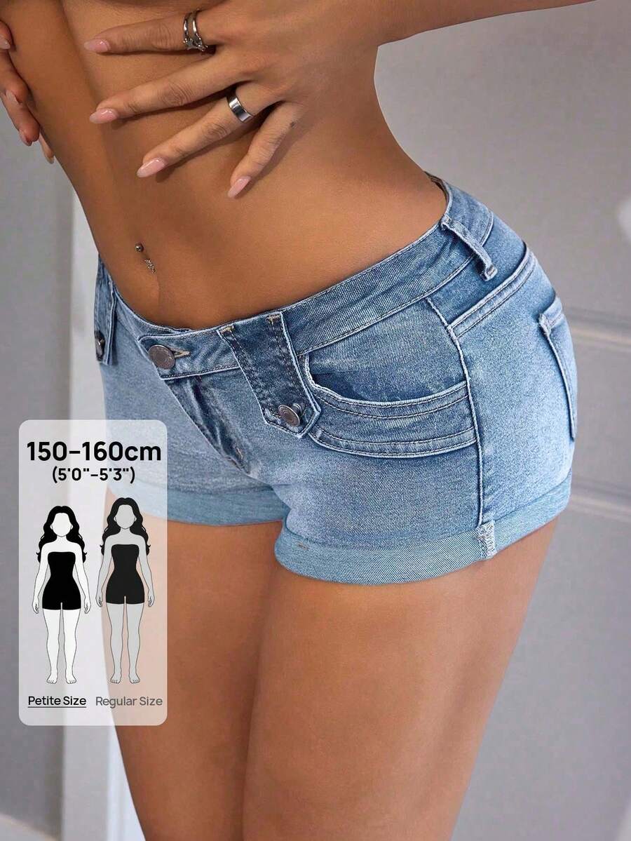 SHEIN PETITE 水洗低腰休閒 Y2K 牛仔短褲,夏季,小碼女款海灘淺藍色 - 淺色水洗藍 - 查看 1