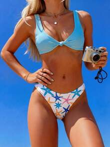 Swim Vcay Traje de baño de estilo vacacional adecuado para sesiones de fotos, natación, spa, reuniones de vacaciones, con diseño reversible de estrella de mar azul y nudo retorcido, apropiado para la playa, tomar el sol, piscina, primavera/verano - Multicolor - Ver 5