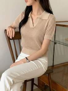 DAZY 女款商務休閒 Polo 領短袖針織上衣 夏季 - 米色 - 查看 2