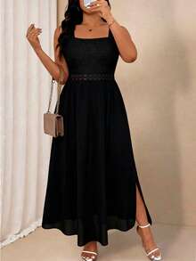 Elenzga Plus Size Women's Elegant Lace Hem Split Square Neck Dress Evening Wedding Black Summer - Black - View 1