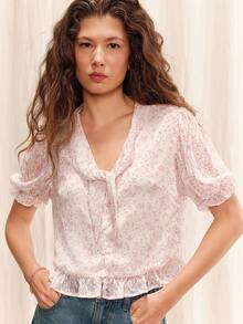 lacRébo 粉色花卉刺繡寬鬆垂領綁帶設計春夏上班襯衫 辦公室上衣 法式復古風 - 彩色 - 查看 4